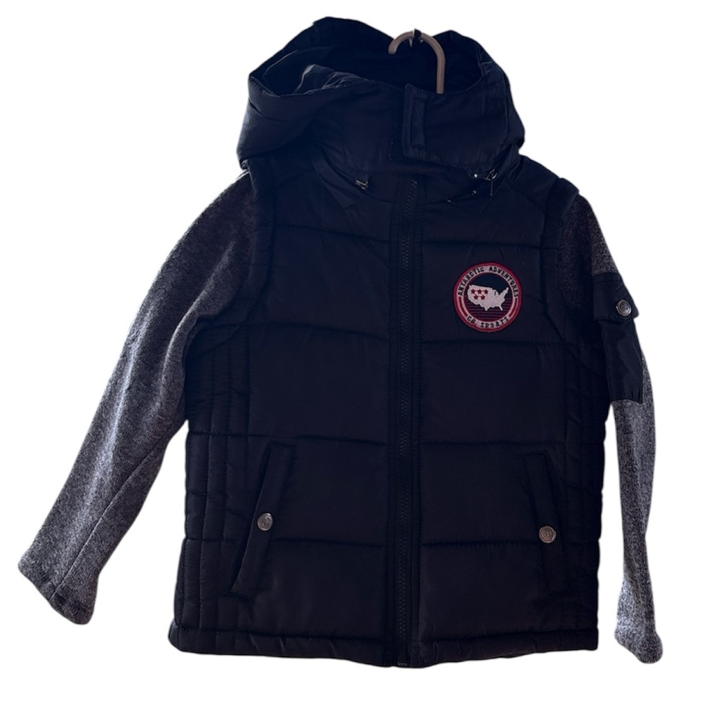 CB Sport Boys Black And Gray Layered-Look Hooded Puffer Jacket Coat Size 5/6